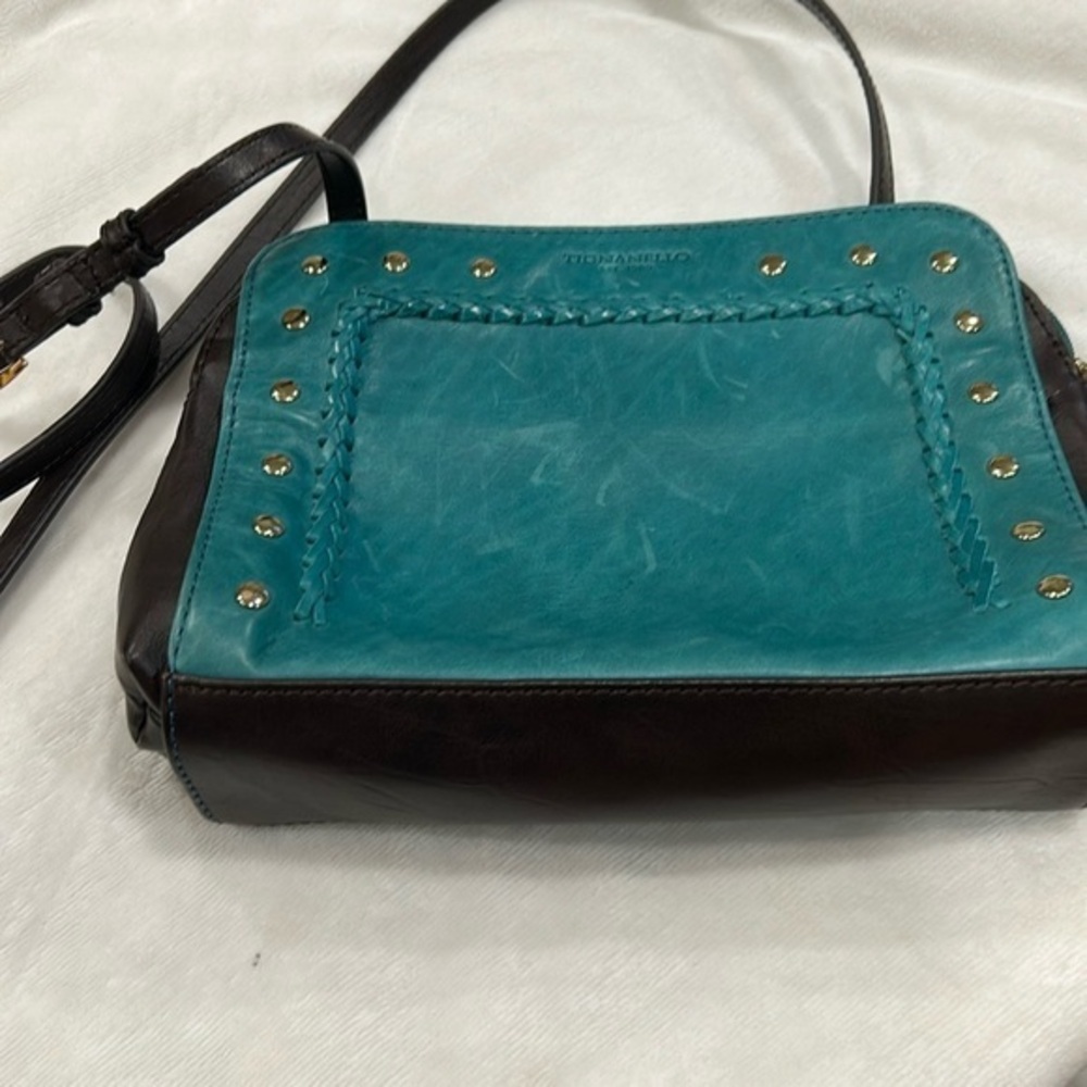Tignanello Teal and Brown Leather Crossbody Bag